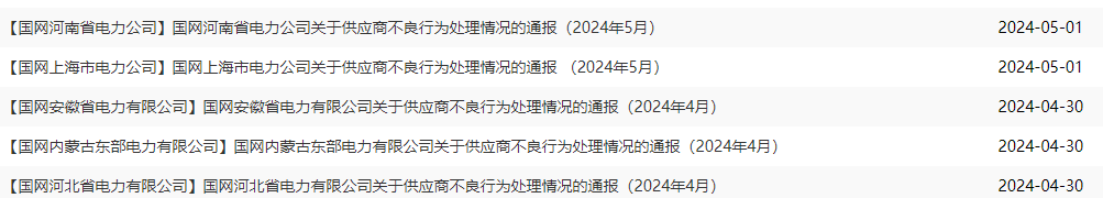 近期國家電網發布供應商不良行為通報，8家線纜企業被通報